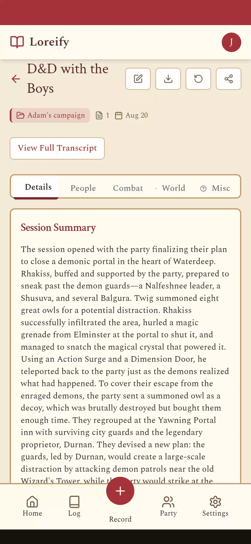 Loreify generated notes demo - AI-organized campaign notes automatically