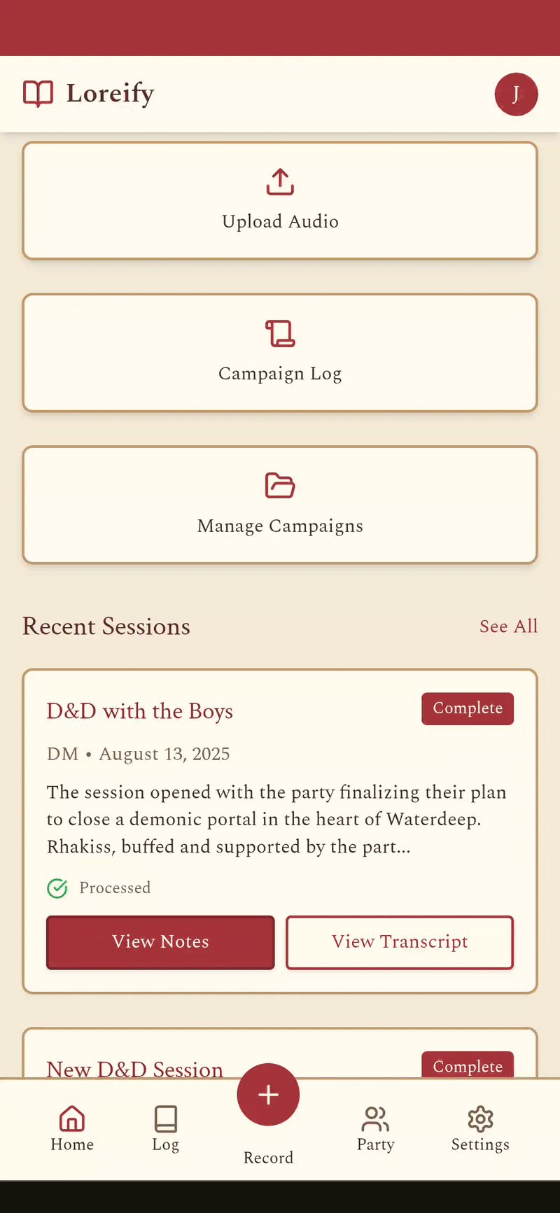 Loreify transcription demo - Upload session and watch transcription generate